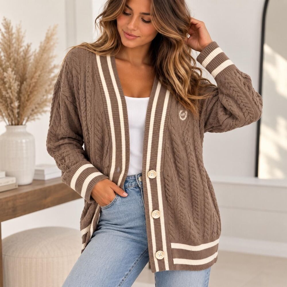 VS PINK Taupe Collegiate Cable-Knit Cardigan Sweater Medium
